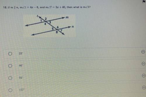 If m || n, m angle 1 = 4x - 6, and m angle 7 = 2x + 40, then what is m angle 1?