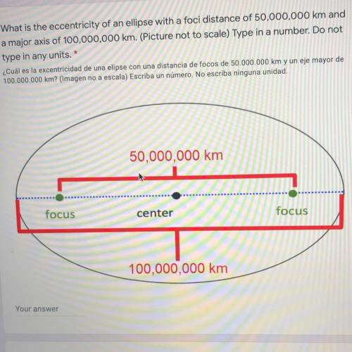 What is the eccentricity of an ellipse with a foci distance of 50,000,000 km and

 a major axis of