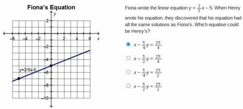 Fiona wrote the linear equation y = y equals StartFraction 2 over 5 EndFraction x minus 5.x – 5. Wh