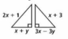 GEOMETRY PLEASE HELP 
If the triangles below are congruent, find x and y.