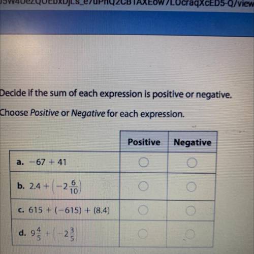 Decide if the sum of each expression is positive or negative.

Choose Positive or Negative for eac