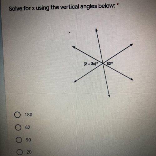 Solve for x using the vertical angles below:
(2 + 3x)
62