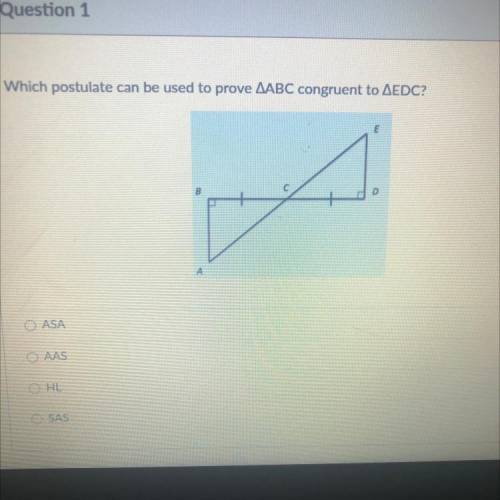 Which postulate can be used to prove AABC congruent to AEDC?
