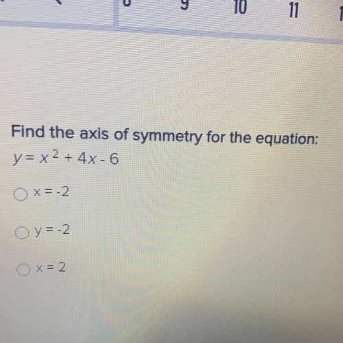 Find the axis of symmetry for the equation:
y=x^2+4x-6 x=-2