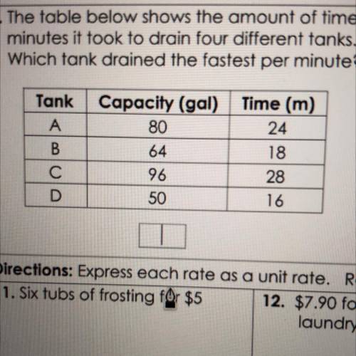 The table below shows the amount of time in

minutes it took to drain four different tanks.
Which