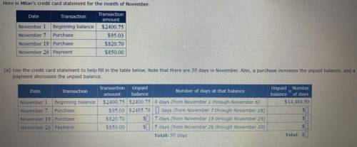 A) Use the credit card statement to help fill in the table below. Note that there are 30 days in No