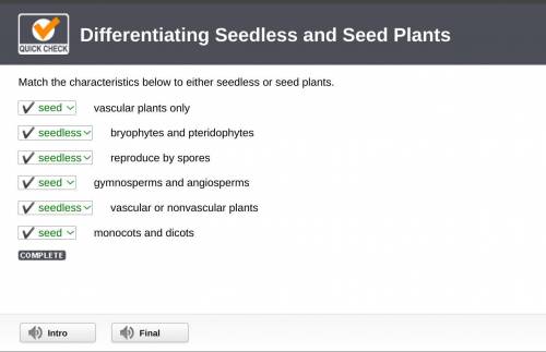 Match the characteristics below to either seedless or seed plants.

________vascular plants only
_