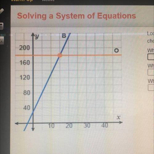HELP!!

Look at the graph of the system of equations and
choose the option that best answers each