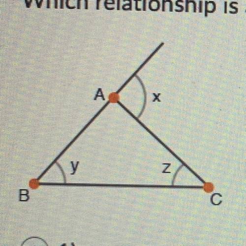 Which relationship is always true for the angles x, y, and z of triangle ABC