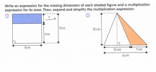 Write an expression for the missing dimension of each shaded figure and a multiplication expression