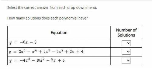 Select the correct answer from each drop-down menu.

How many solutions does each polynomial have?