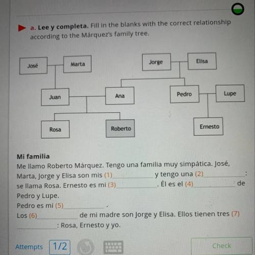 Lee y completa. Fill in the blanks with the correct relationship

according to the Márquez's famil