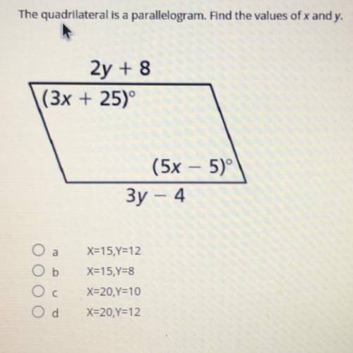 The quadrilateral is a parallelogram find the value of x and y. Helpp..