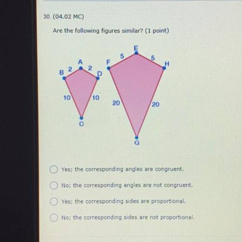 30. (04.02 MC)

Are the following figures similar? (1 point)
Yes; the corresponding angles are con