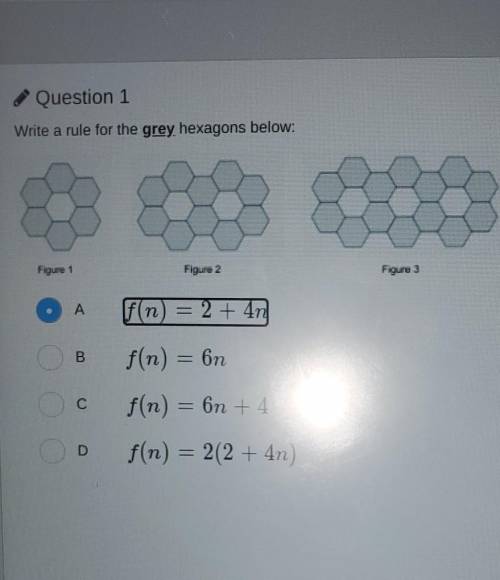 Question 1 Write a rule for the grey hexagons below: Figure 1 Figure 2 Figure 3 A f(n) = 2 + 4n f(n