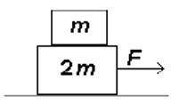 A small box of mass m is placed on top of a larger box of mass 2m as shown

in the diagram at righ