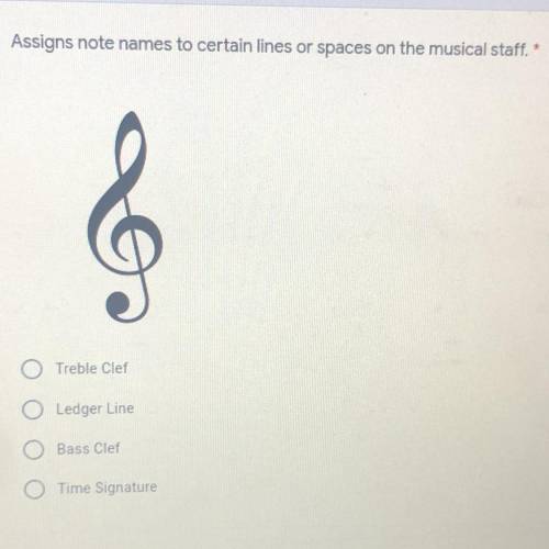 Assigns note names to certain lines or spaces on the musical staff.*

2 points
Treble Clef
O Ledge