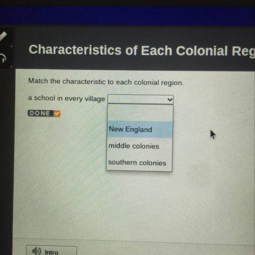 Match the characteristic to each colonial region.

a school in every village
DONE
New England
midd