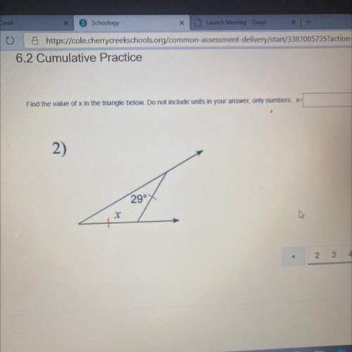 Y/start 3387085735?action=

6.2 Cumulative Practice
Find the value of x in the triangle below. Do