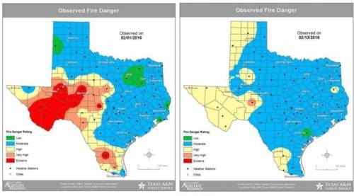 The maps shown provide observed fire danger for the state of Texas for dates two weeks apart. What