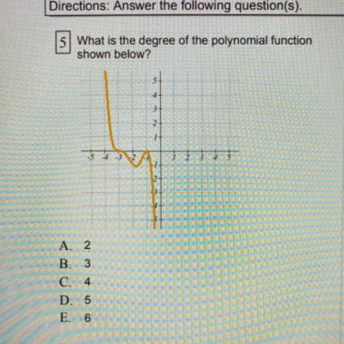 What is the degree of the polynomial function

shown below?
A. 2
B. 3
C. 4
D. 5
E 6