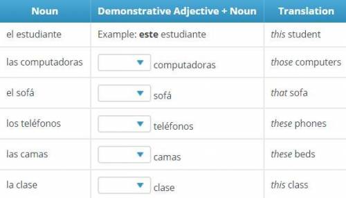 Select the correct demonstrative adjective from each drop-down menu to match the translation given.