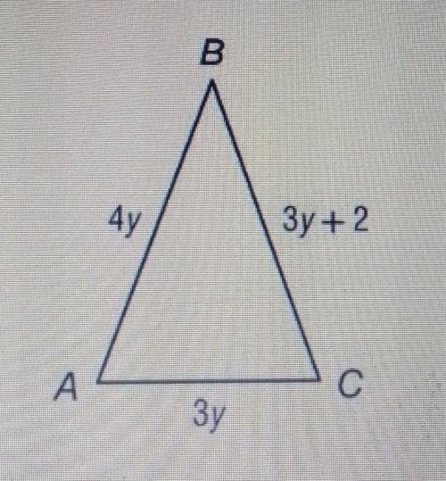 PLZZZ HELPfind y and the length of each side if ABC is isosceles with AB=BC. SHOW WORK