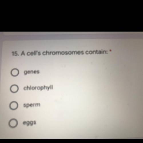 PLEASE HELPP A cells chromosome contains: A. Genes B. chlorophyll C. sperm D. Eggs