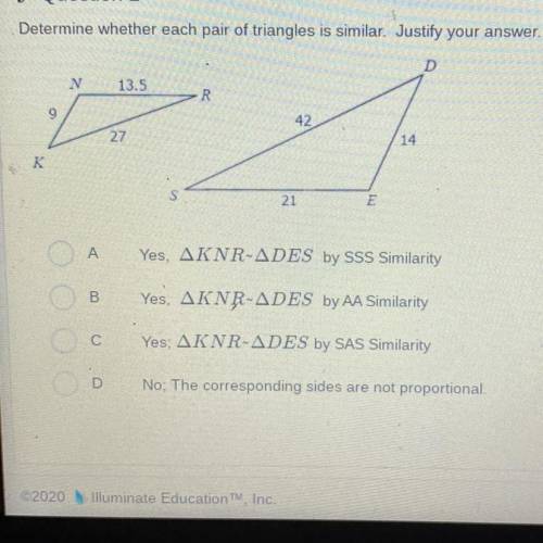 ⚠️NEED HELP ASPA⚠️
Determine whether each pair of triangles is similar. Justify your answer.