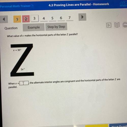 What value of x makes the horizontal parts of the letter Z parallel?

x + 30°
Z
2x°
When x = I
par