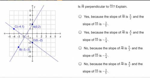 Is perpendicular to ? Explain. Yes, because the slope of is and the slope of is . Yes, because the
