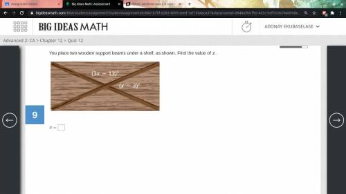 You place two wooden support beams under a shelf, as shown. Find the value of x.

its a practice q