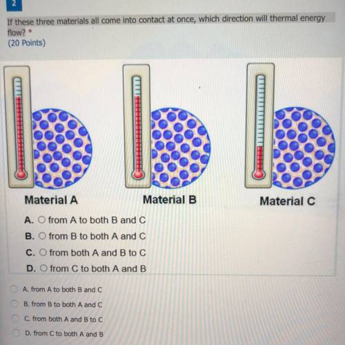 If these three materials all come into contact at once, which direction will thermal energy

flow?