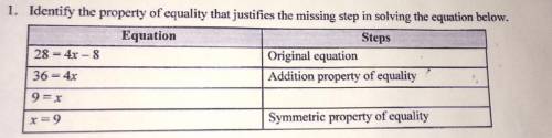 Identify the property of equality that justifies the missing step￼ in solving the equation below