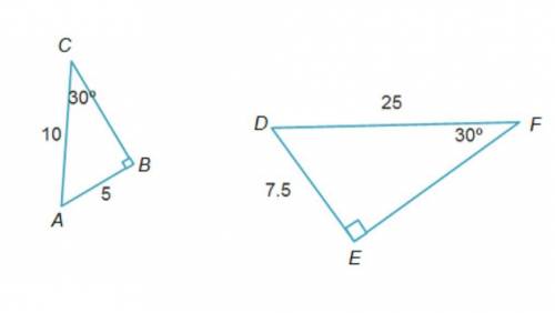 Triangle A B C. Side A C is 10 and side A B is 5. Angle C is 30 degrees. Triangle D E F. Side E D i