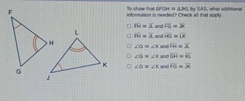 To show that AFGH = AJKL by SAS, what additional information is needed? Check all that apply.