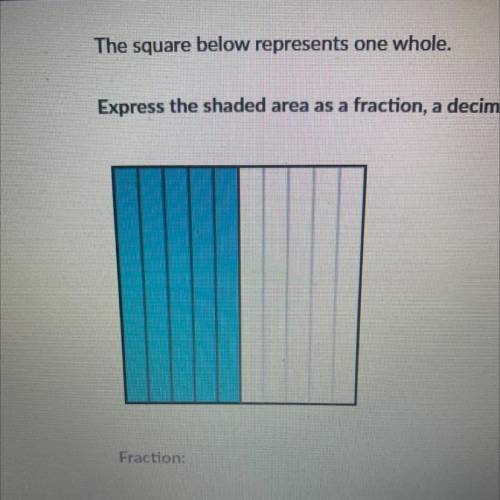 The square below represents one whole. Express the shaded area as a fraction, a decimal, and a perc