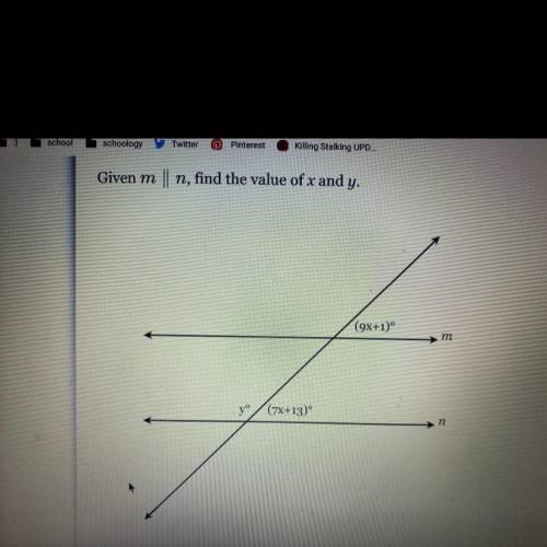 Please helpppppp

Given m
11
n, find the value of x and y.
(9x+1)
m
jo
(7x+13)
n