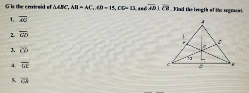 G is the centroid of tiangle ABC, AB = AC, AD= 15, CG= 13, and AD is perpendicular to CB. Find the
