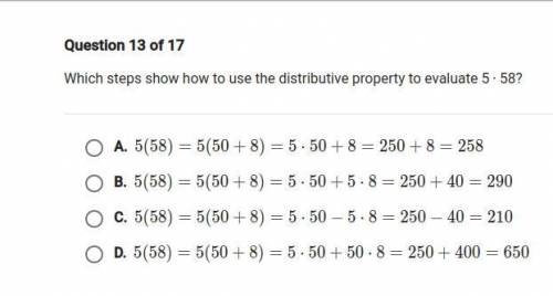 Which steps show how to use the distributive property to evaluate 5x58