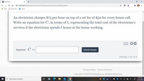 An electrician charges $75 per hour on top of a set fee of $50 for every house call. Write an equat