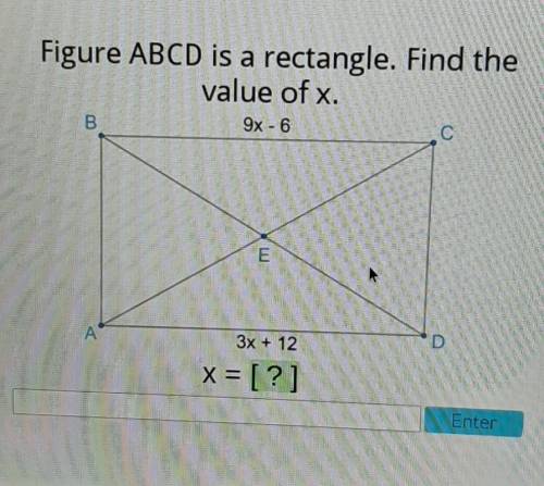 Figure ABCD is a rectangle. Find the value of x. 9x - 6 3x + 12 x= [?]