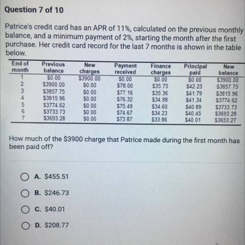 Patrice's credit card has an APR of 11%, calculated on the previous monthly

balance, and a minimu