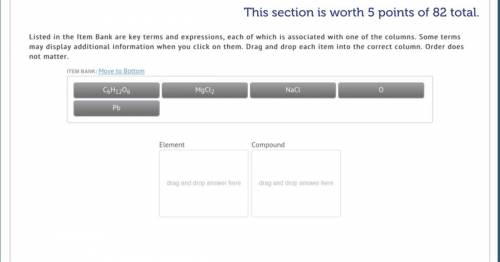 CgHy06

MgCl
NaCl
O
Pb
Element
Compound 
YOU HAVE TO PUT THE CORRECT ONES IN THE CORRECT BOX ... H