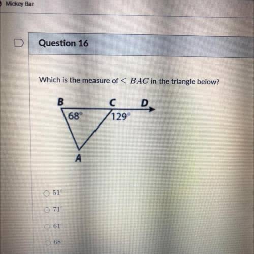 Which is the measure of < BAC in the triangle below?