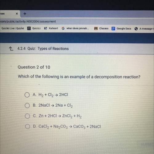 Which of the following is an example of a decomposition reaction?