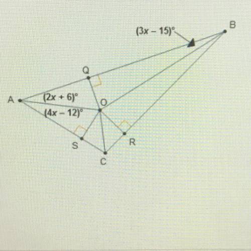 Point O is the incenter of triangle ABC.

What is measure of angle QBO?
O 5°
O9º
0 12°
0 24°