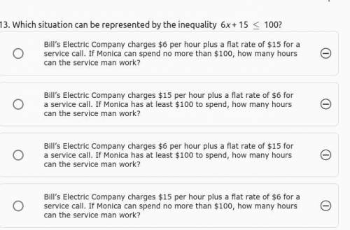 Which situation can be represented by the inequality 6x + 15 100?

GIMMIE THA MFKEN ANSWER