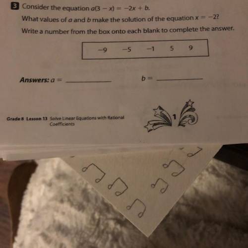 Consider the equation a3 - x) = -2x + b.

What values of a and b make the solution of the equation