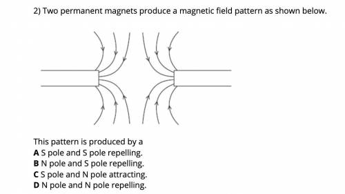 Two permanent magnets produce a magnetic field pattern as shown below.